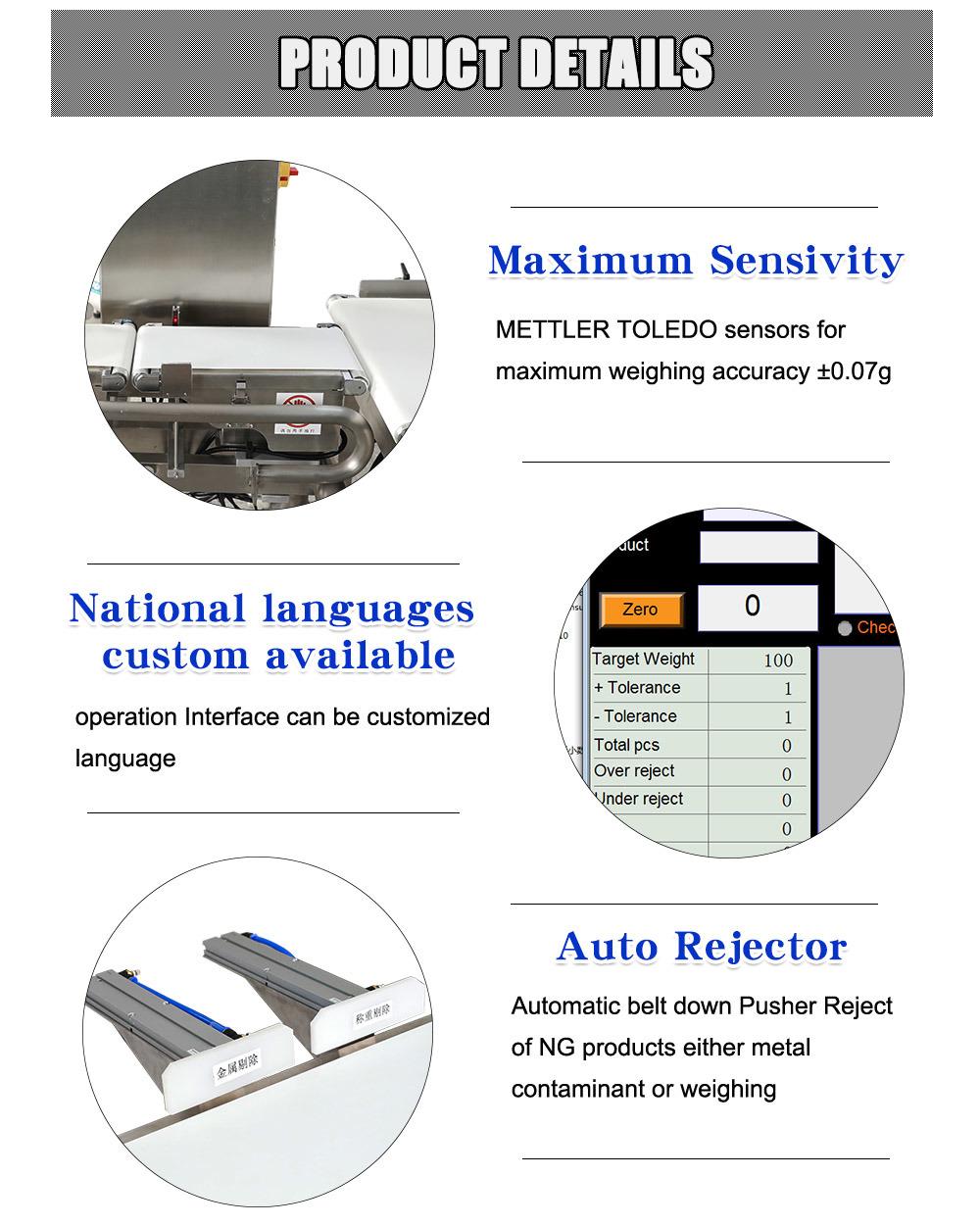 Belt Conveyor LED Indicator Metal Detector and Chcekweigher Combo Machine