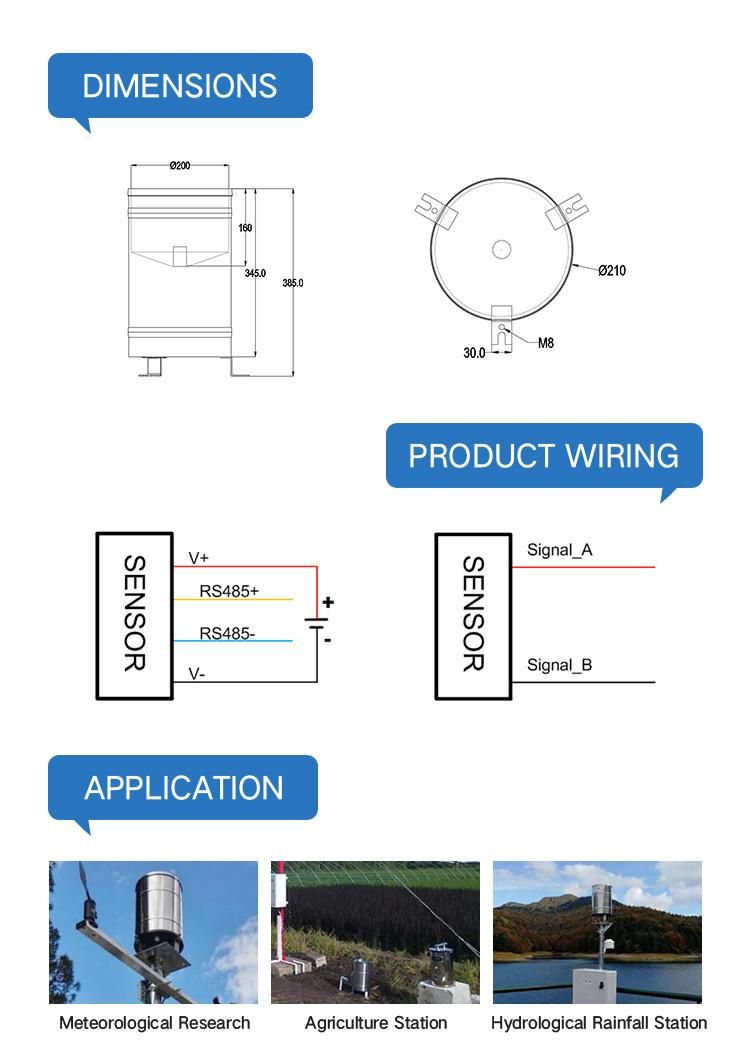 Rk400-01 304 Stainless Steel 0.2mm Resolution Tipping Bucket Rain Gauge for Weather Monitoring