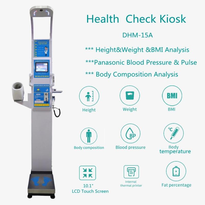 Coin Operation Height and Weight Scale with Fat and Blood Pressure and 10 Inch Touch Screen for Hospital