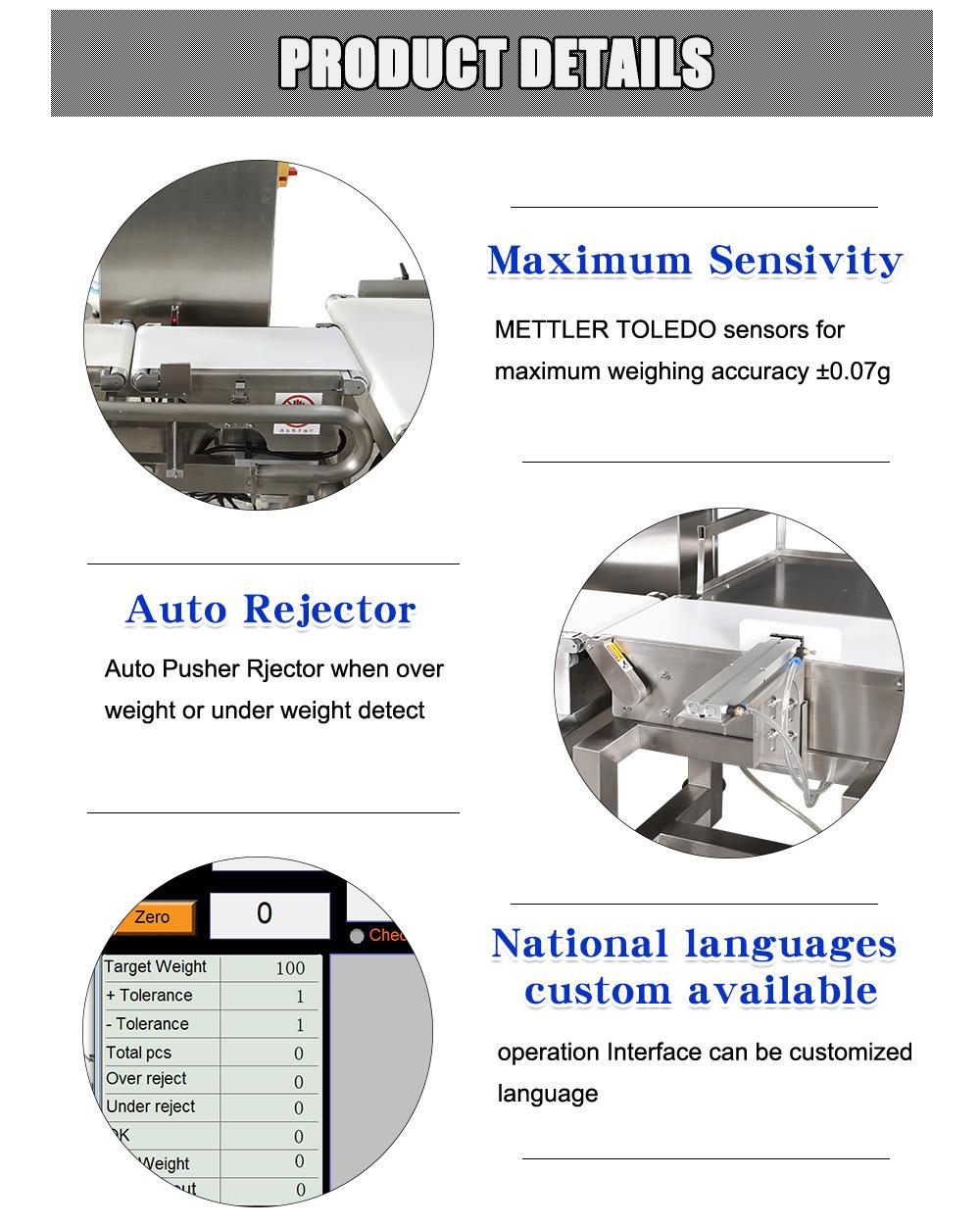 Food Industry Packaging Line Auto Conveyor Belt Check Weigher with Auto Rejector