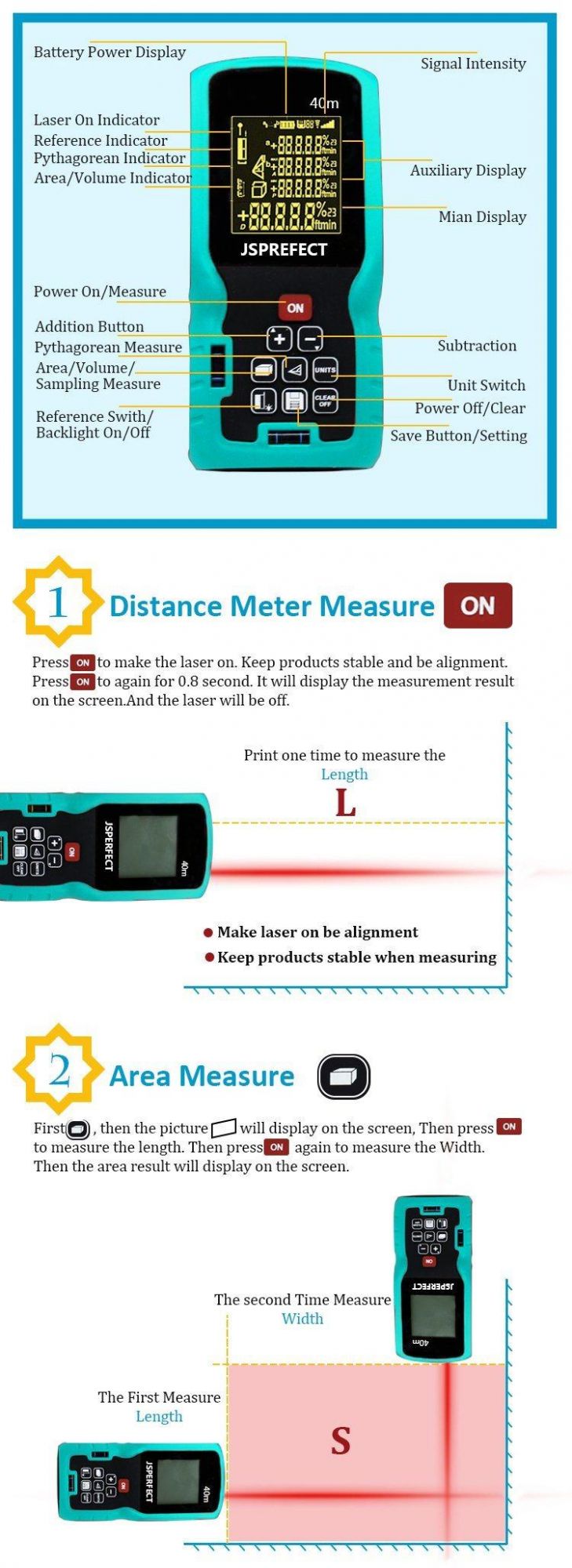 40m Cheap Factory Laser Measure Length Area Volume