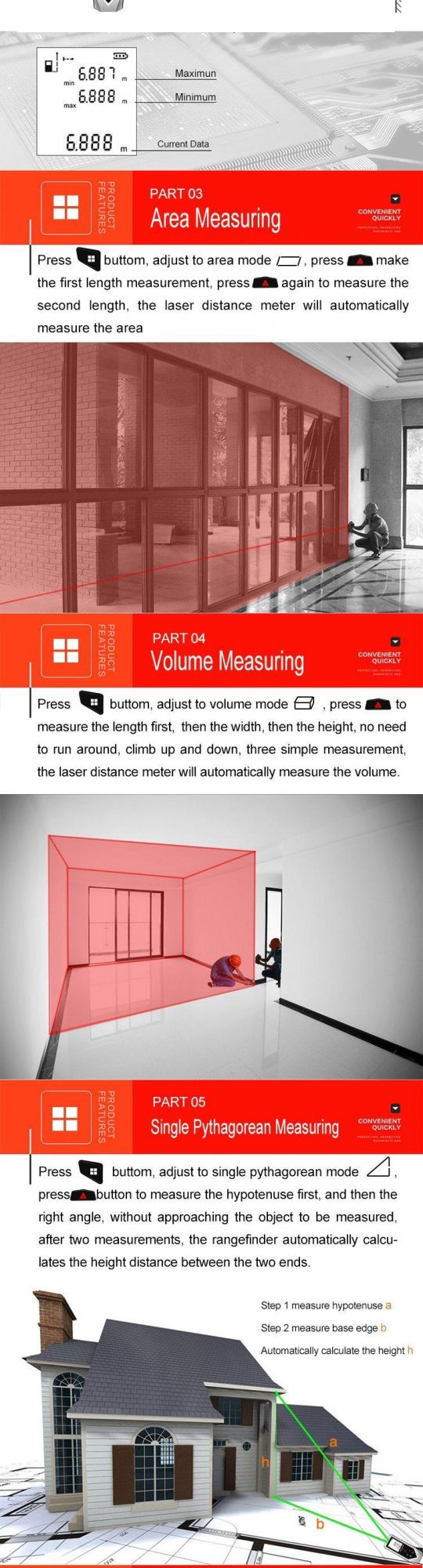 Laser Rangefinder Electronic Distance Meter with Large Screen Clear Display