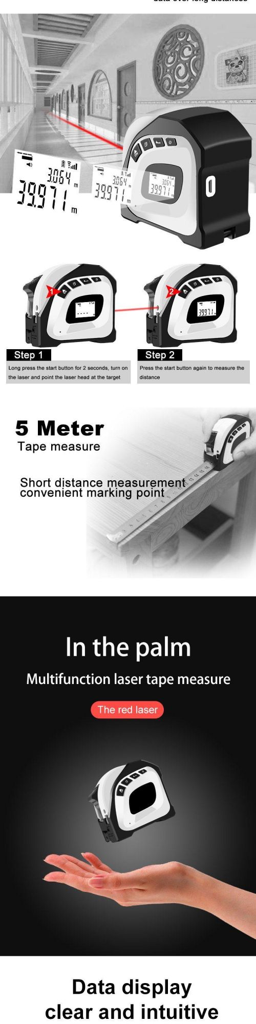 40m Distance Meter 5m Tape Measure Laser with Digital