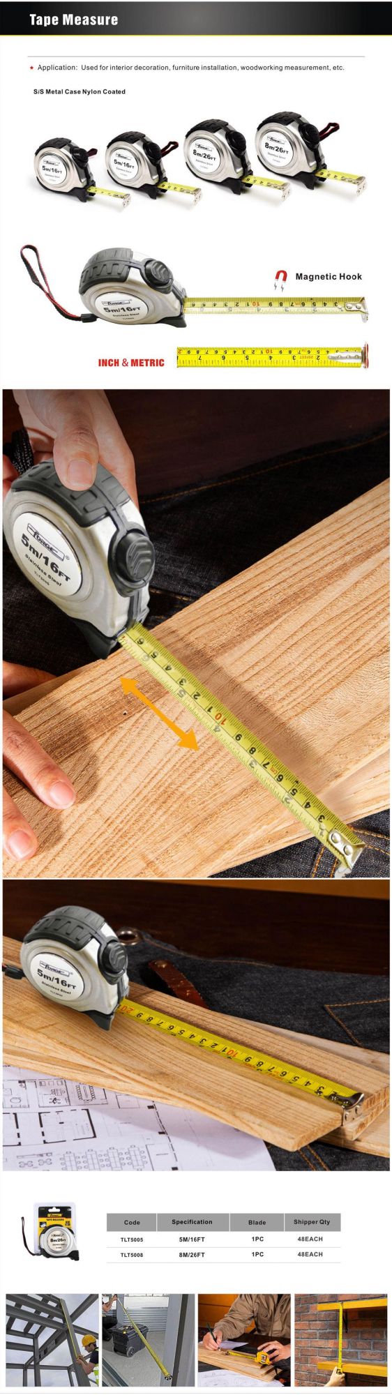 5m Auto Lock Steel Tape Measure with Nylon Coated Dual Blade