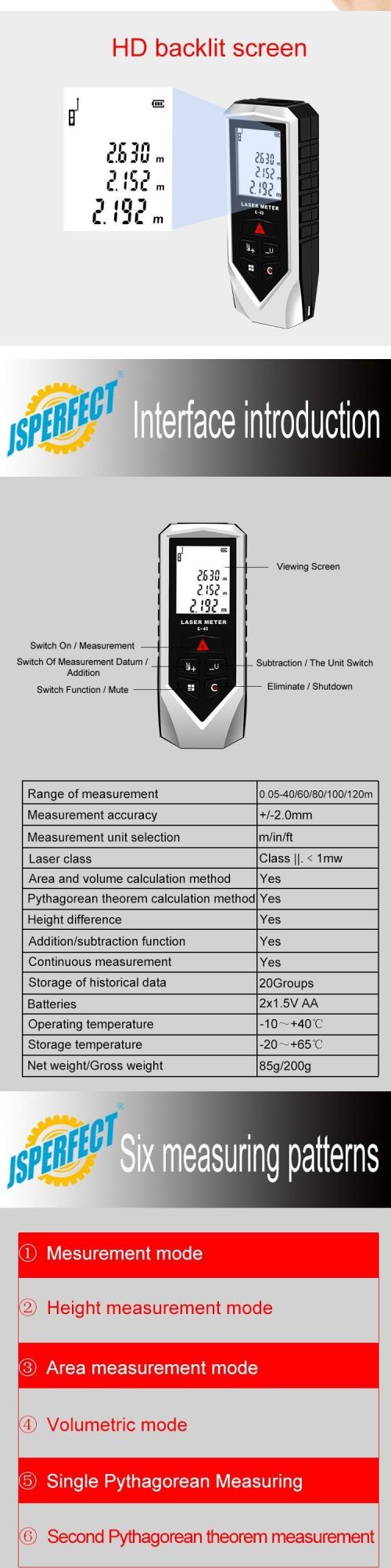 Jsperfect 100m Laser Distance Meter Measurements Meter Feet Inch