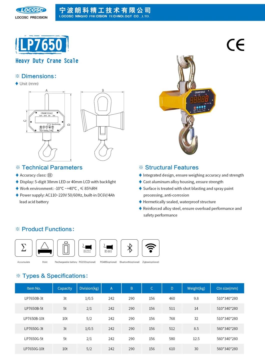 Hermetically Sealed Alloy Steel Ocs SL 3t 5t 10t Heavy Duty LED Display Bluetooth Crane Scale