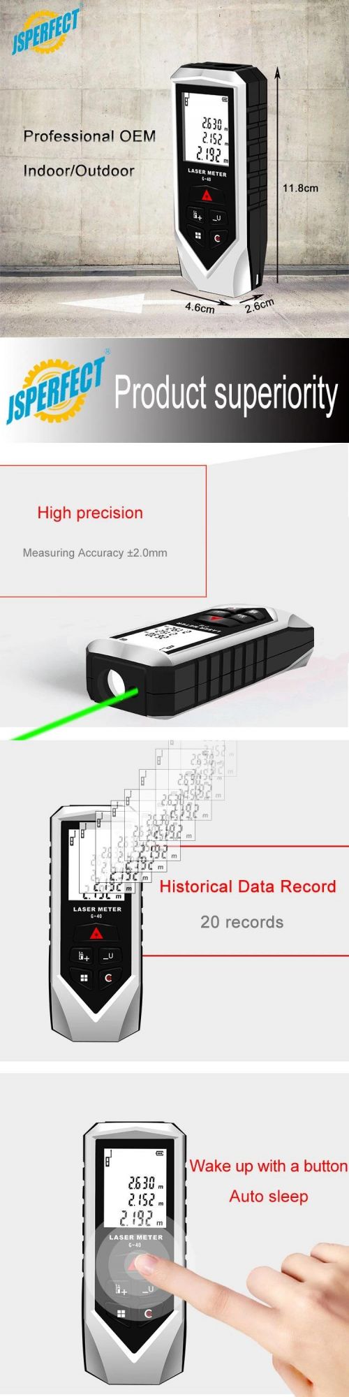 40m to 100m Red Line Laser Distance Meter Range Finder Measures Feet