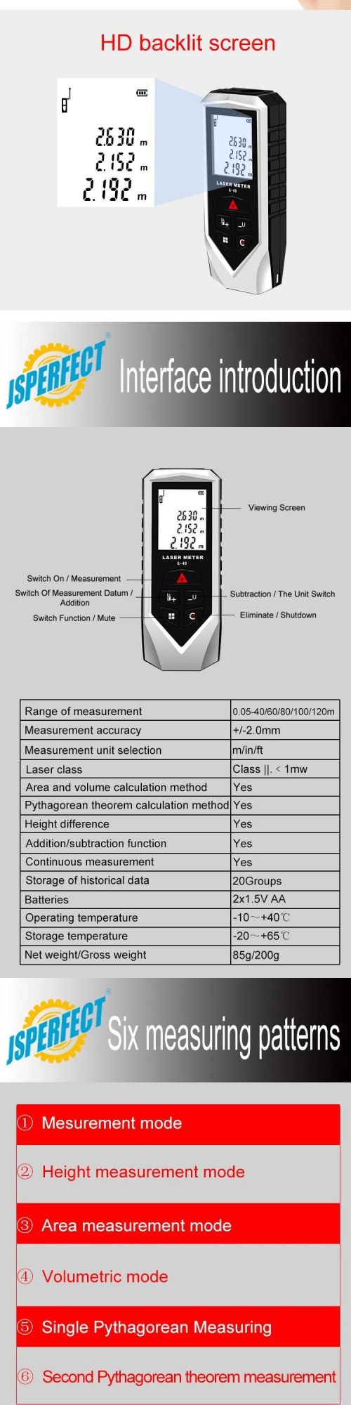40m to 100m Red Line Laser Distance Meter Range Finder Measures Feet