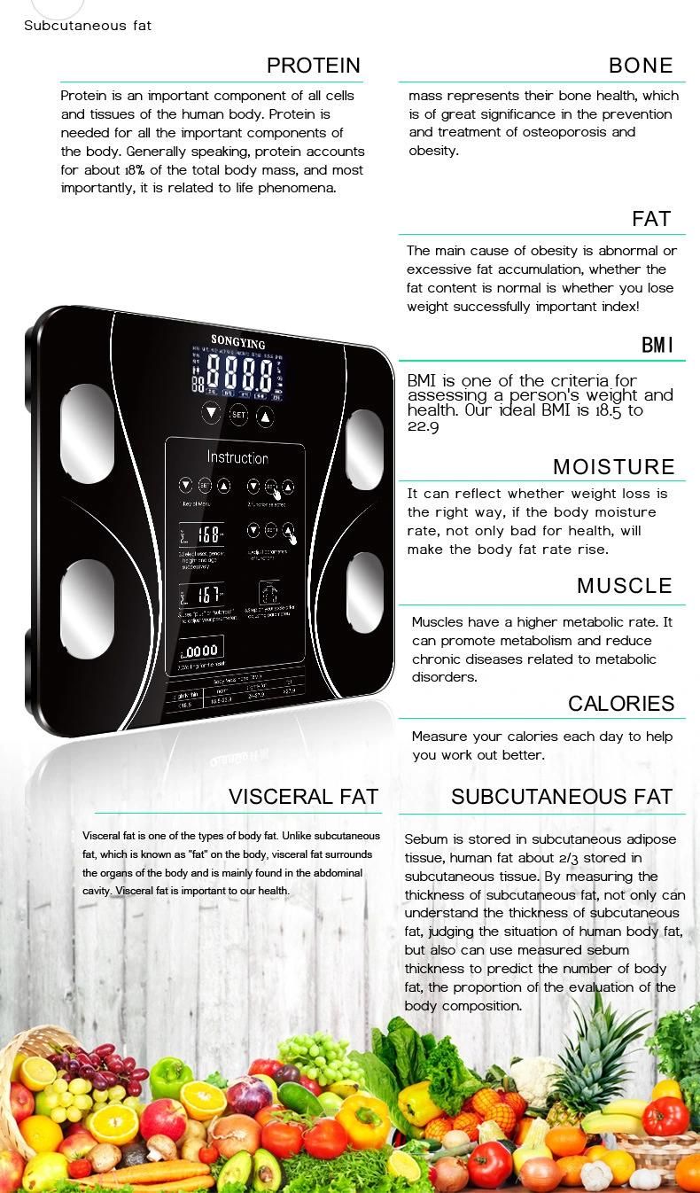 CE New Large Va Display ITO Digital Heart Rate USB Charge Baby Mode Smart Body Fat Scale with APP