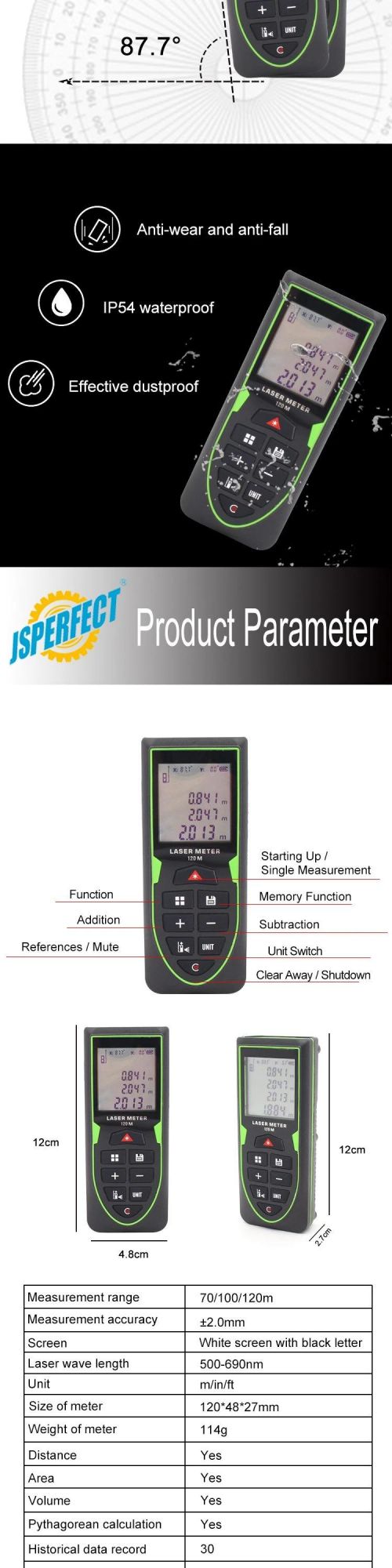 Jsperfect Mini Handheld Laser Rangefinder Sight Measure Tool Laser Distance Meter with Green Lines 100m