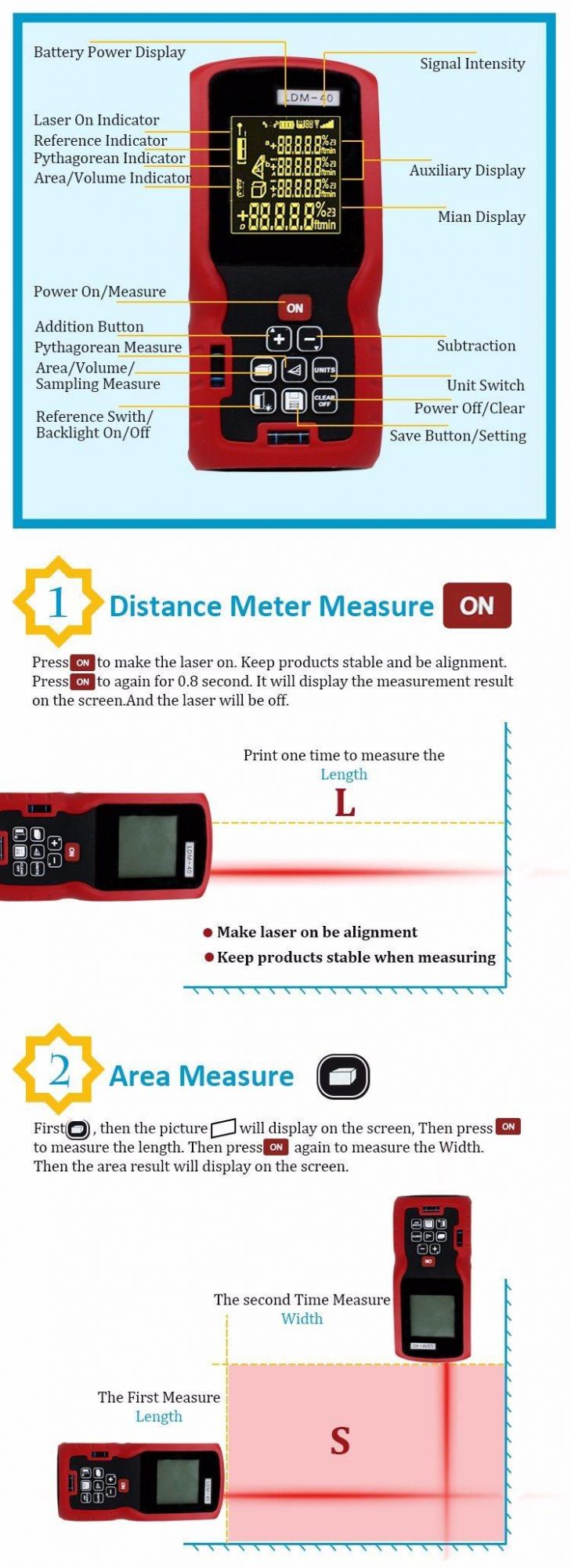 Professional Laser Distance Meter Measurer Rangefinder 100m
