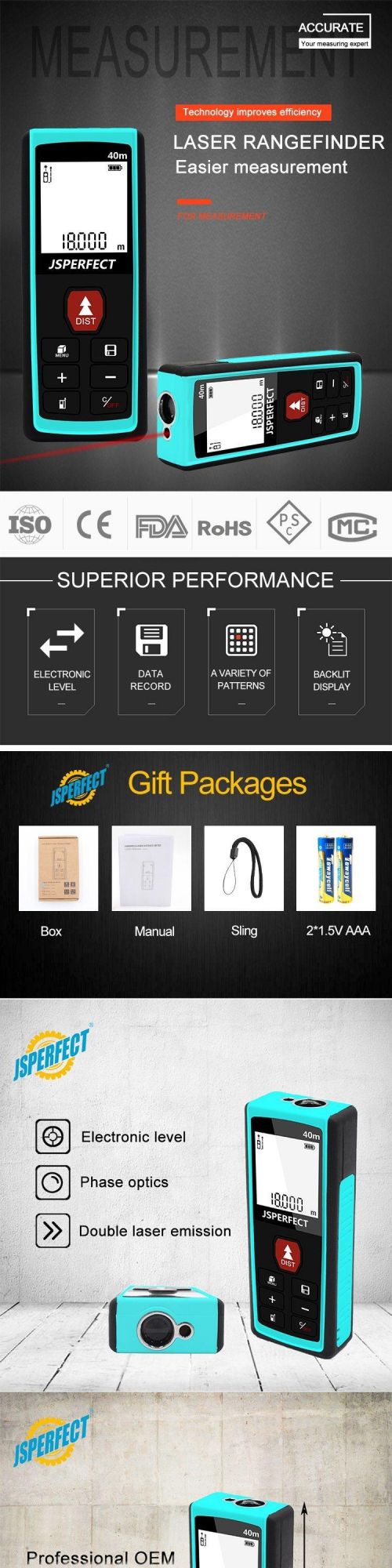 40m Digital Distance Measure Handheld Laser Power Meter