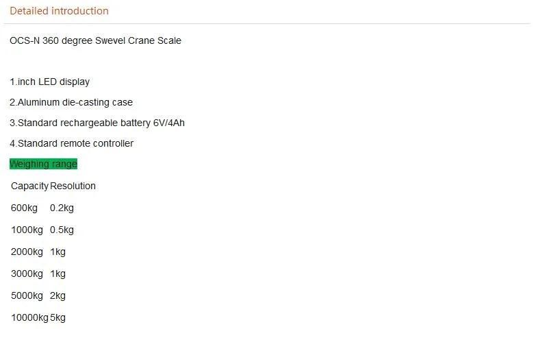 1t~10t Hanging Hook Aluminum Crane Scale with Standard Rechargeable Battery and Standard Remote Controller