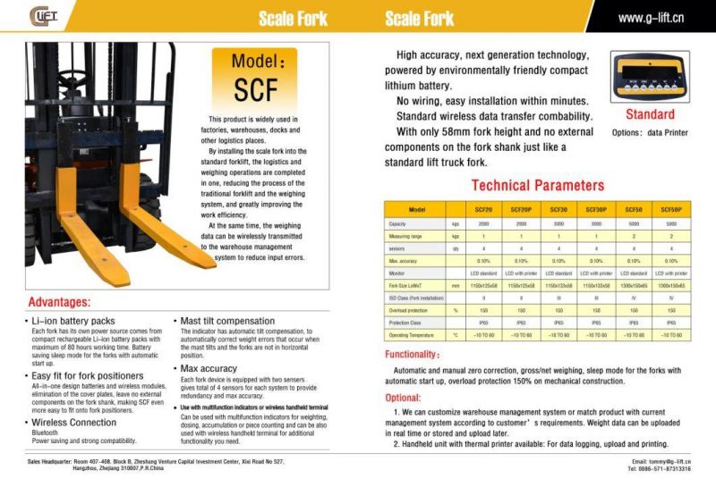 Forklift Scale System 2ton 3ton 5ton Fork Weighing Device Bluetooth Data with Printing Function (SCF)