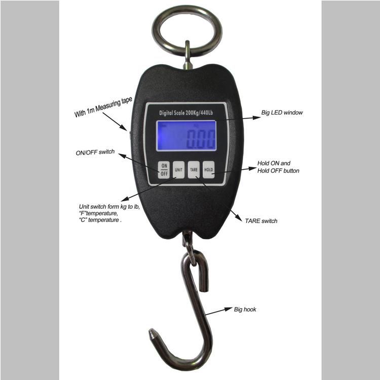 200kg 50g High Quality Portable Electronic Digital Weighing Travel Luggage Hanging Fishing Crane Scale with Hook Promotion