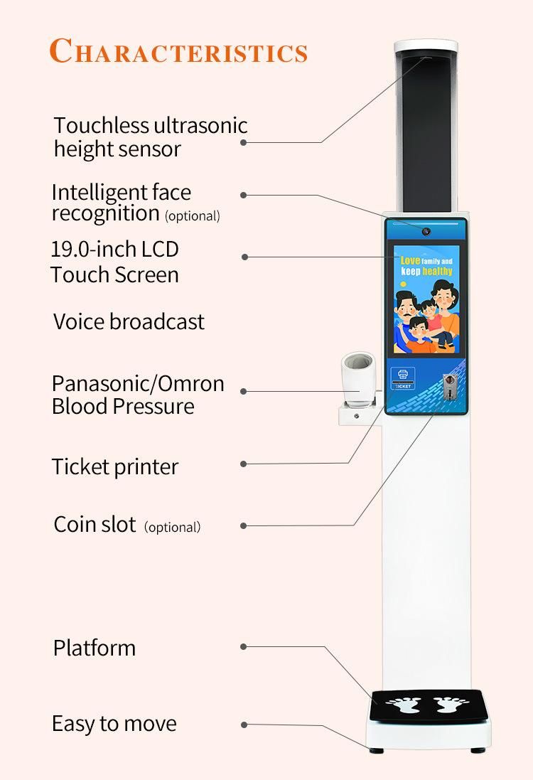 Support Multi-Language Blood Pressure Body Scale Weight and Height Machine
