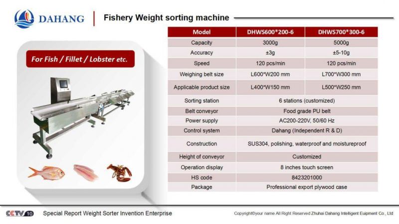 Fresh/Frozen Fish and Seafood Weight Sorting Machine/Weight Grading Machine