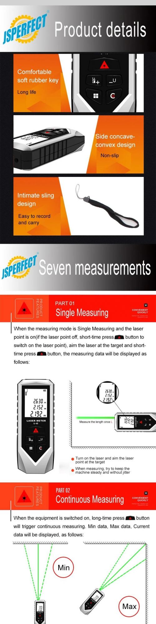 Small Slim Body Red Line 60m Laser Measure Feet Inch Meter Unit