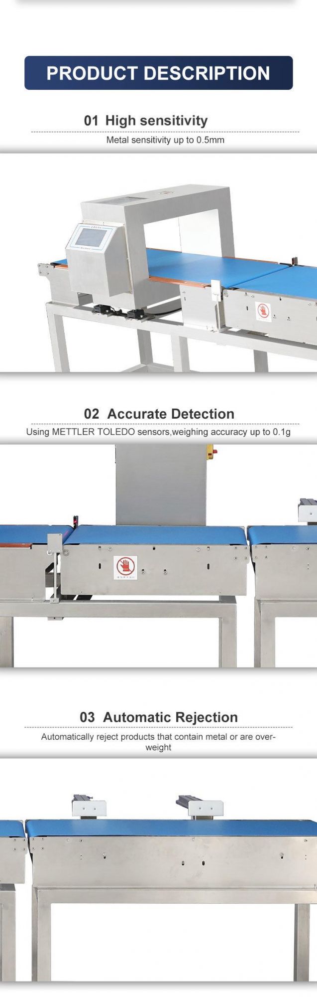 Combination System of Online Checkweigher and Metal Detector for Production Line in Food Industry with Counting Function