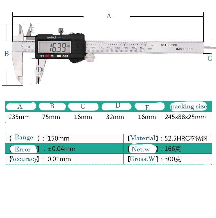 Electronic Digital Calipers Plastic Head Stainless Steel 0-150 mm