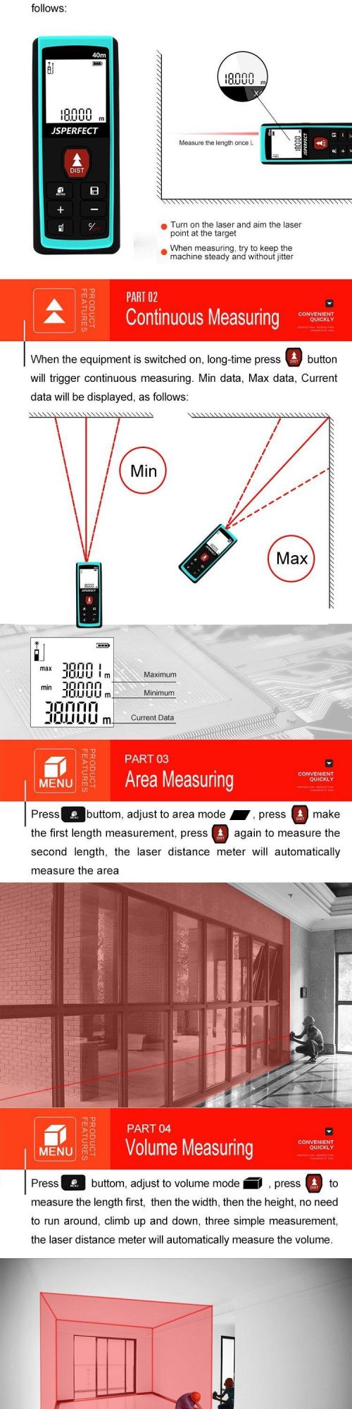 40m Handheld Area Measuring Meter Laser Distance