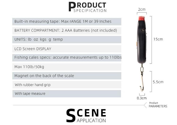 Camping Digital Fishing Scale 110lb/50kg with Built-in Measuring Tape Electronic Scales