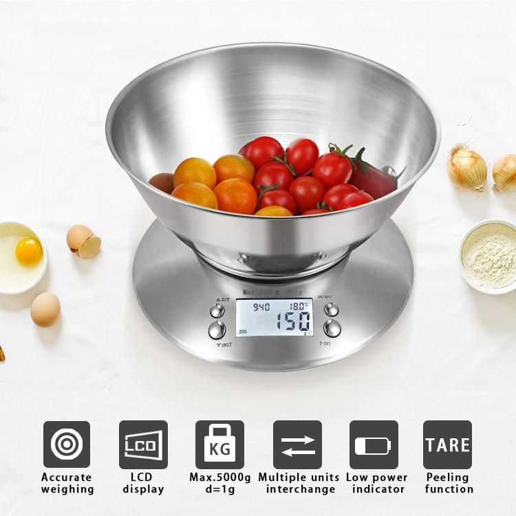 5kg 2L Bowl Stainless Steel Electronic Digital Nutrition Food Weighing Kitchen Scale