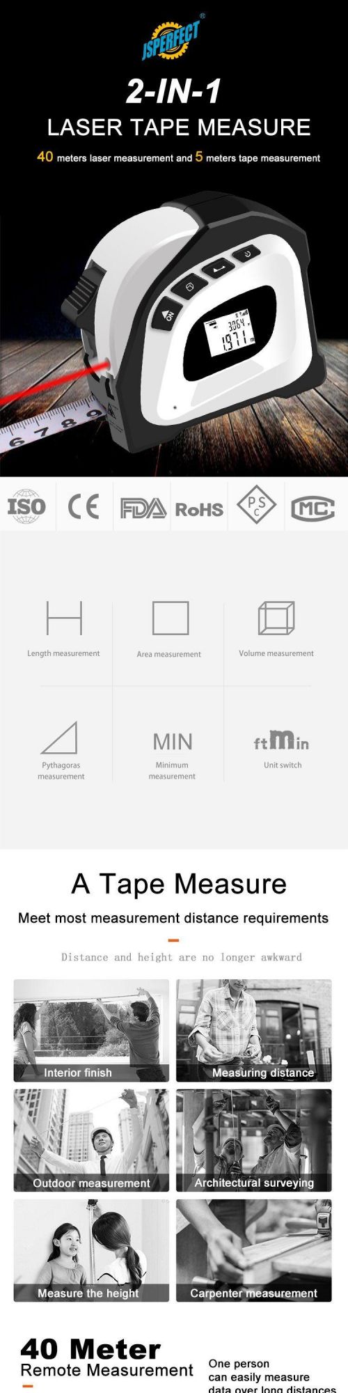 New Product 2 in 1 Laser Distance Meter Tape Measure 40m