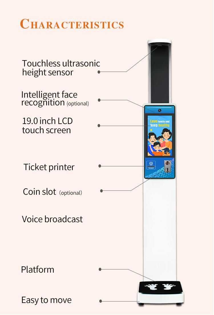 19 Inch Touch Screen Coin Operated Height Weight BMI Body Scale with Printer