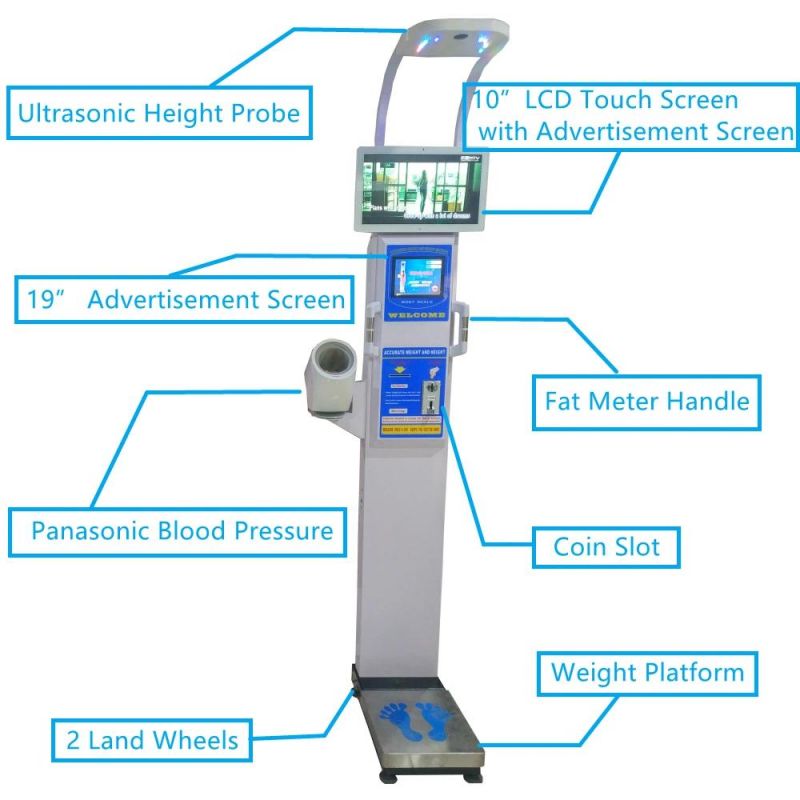 Coin Operation Height and Weight Scale with Fat and Blood Pressure and 10 Inch Touch Screen for Hospital