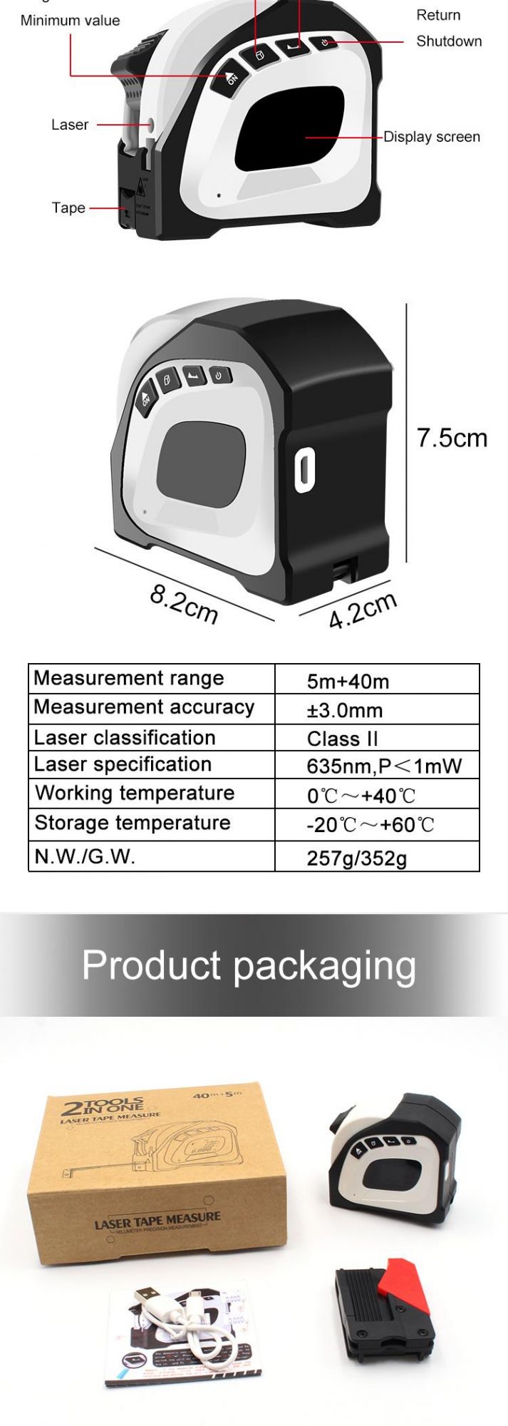 Factory 40m Digital 2 in 1 Laser Tape Measure with 5m Ruler