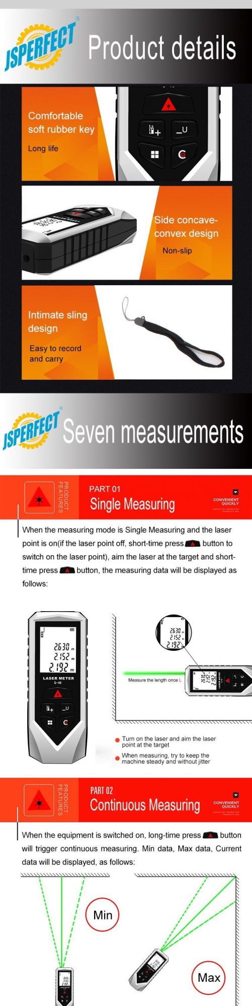 Jsperfect Best Selling 40m Red Beam Laser Distance Meter Metering Devices