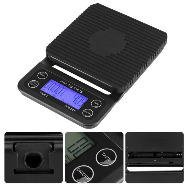 3kg 0.1g High Precision Black Kitchen Coffee Weighing Scale