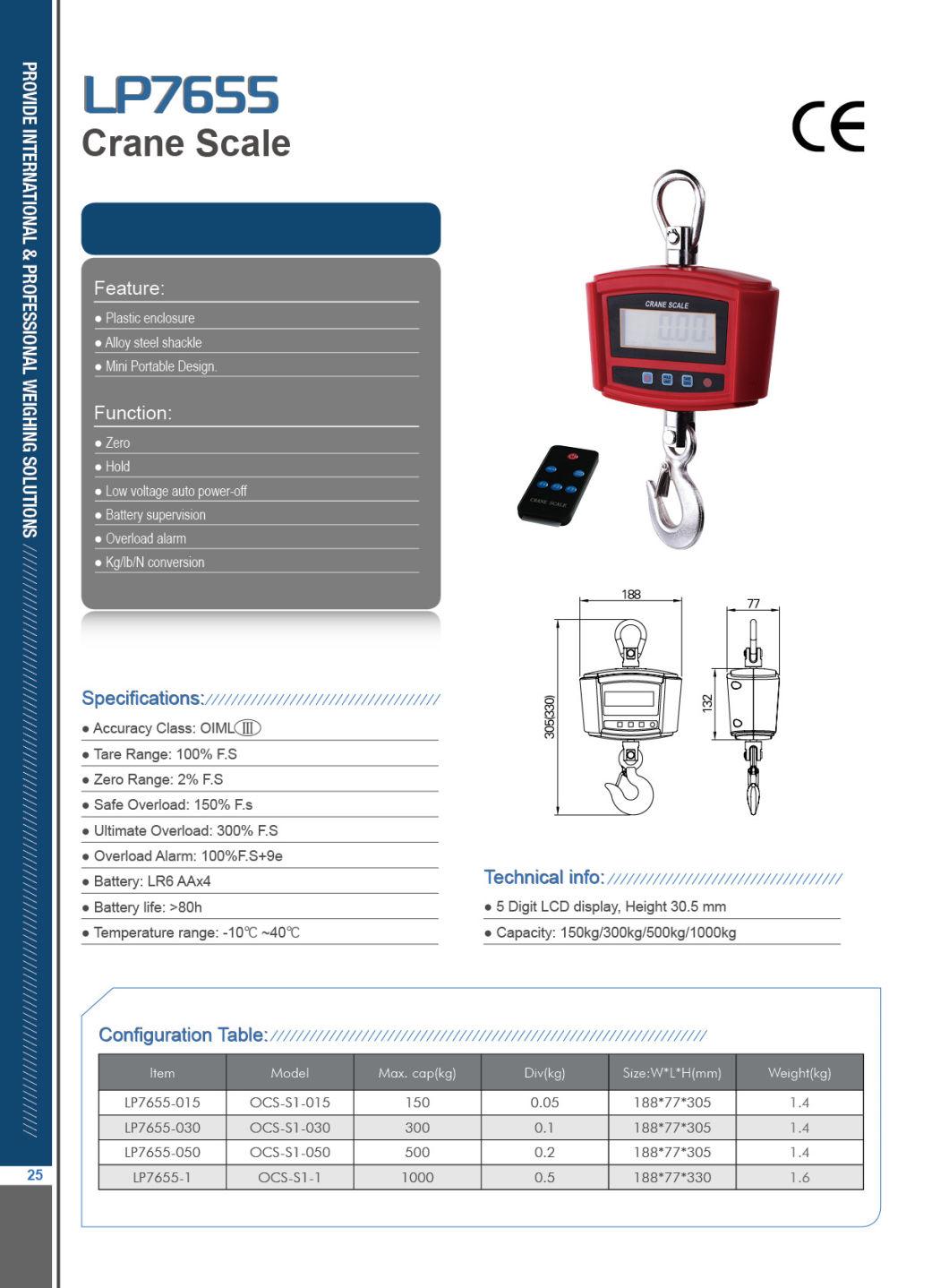 High Strength Strong Stable Electronic 300kg High Precision Crane Hanging Scale