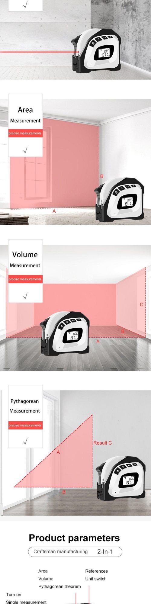 Laser Tape Measure in Inches Area Volume Pythagorean