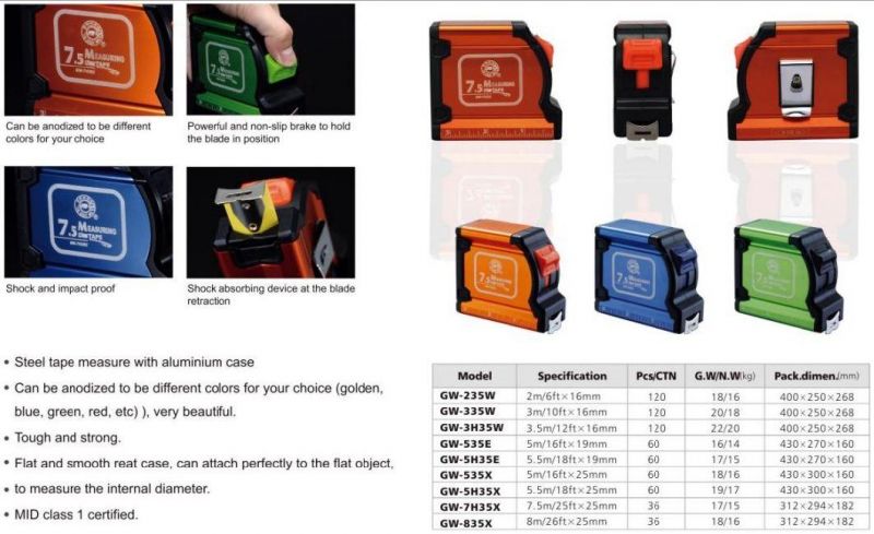 OEM Stinless Case 3m 5m 7.5m Measuring Tool Steel Measure Tape with Logo