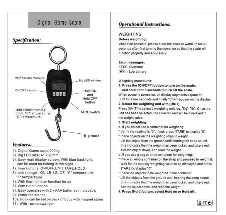 200kg Big Capacity Durable Digital Hanging Scale for Hunting Game